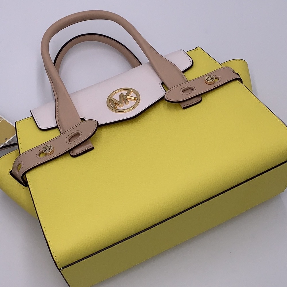 Michael Kors Carmen Medium Colorblock Faux Saffiano Leather Belted Satchel - Picture 3 of 16